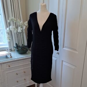 Milly Womens Black Sweater Scuba Ruched Dress Back Zip 3/4 Sleeves V-Neck M